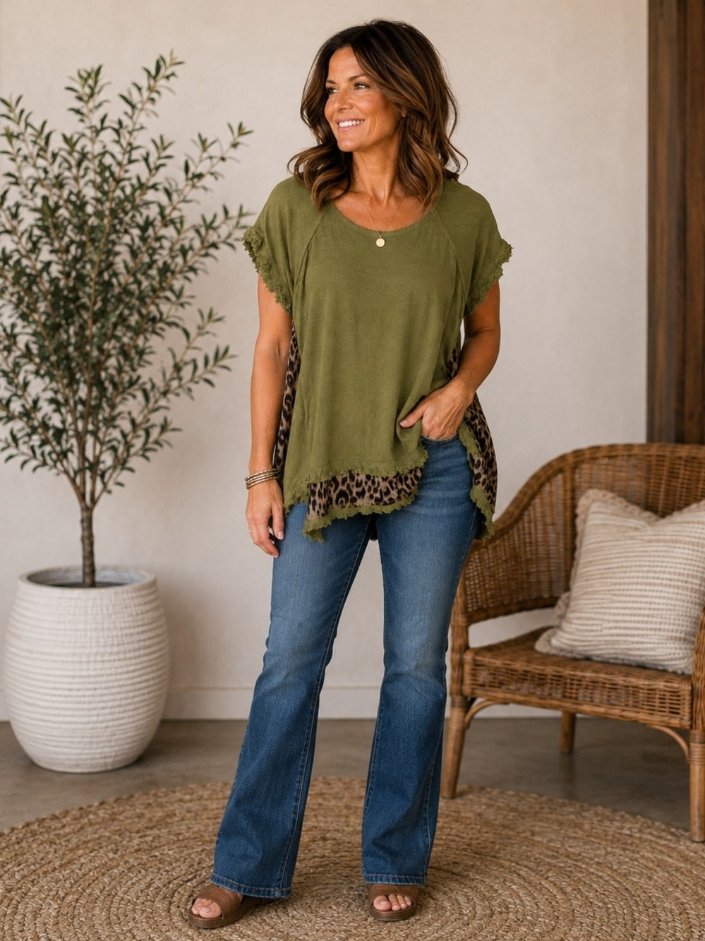 Umgee Olive Green Short Sleeve Top with Leopard Trim Accents